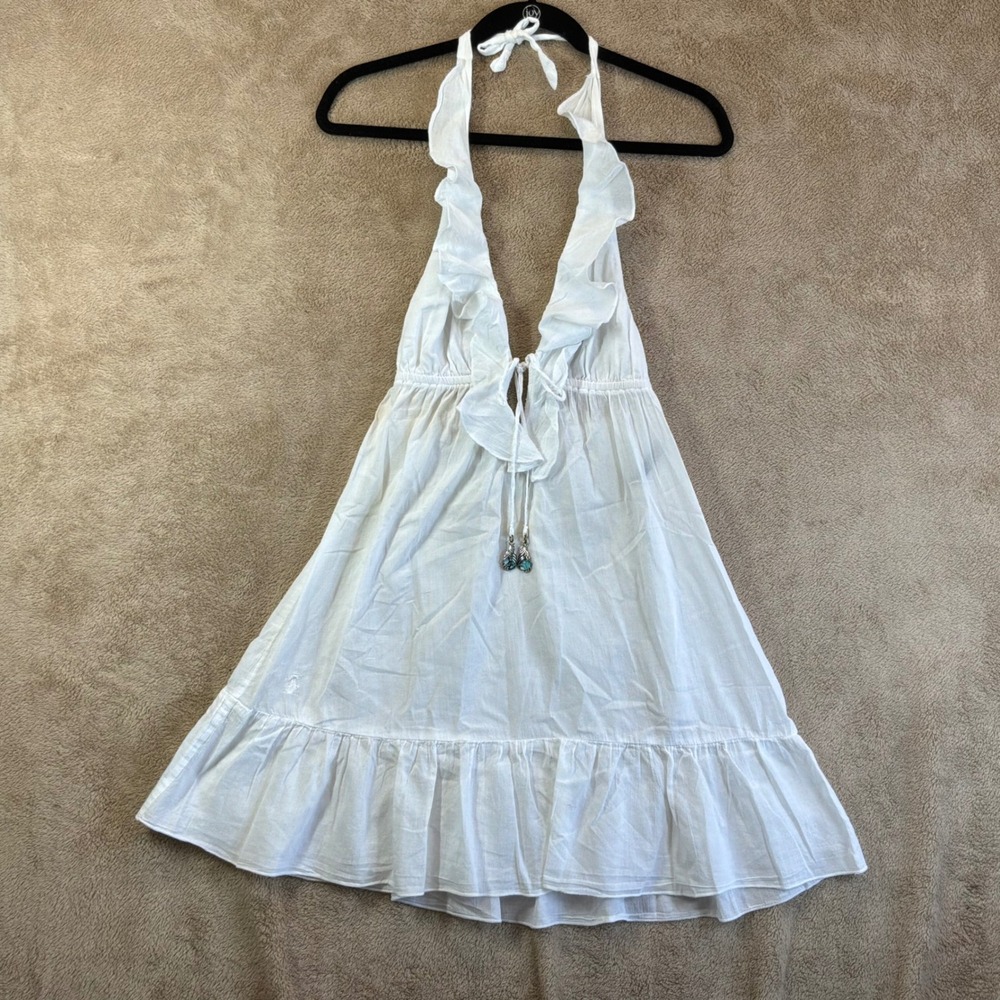 Ralph Lauren Halter Mini Dress White Cotton Ruffle Bead Tassel Beach Travel EUC